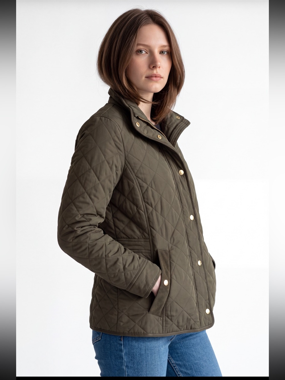 Talbots Quilted Barn Utility Jacket in Deep Olive Quilted Pattern